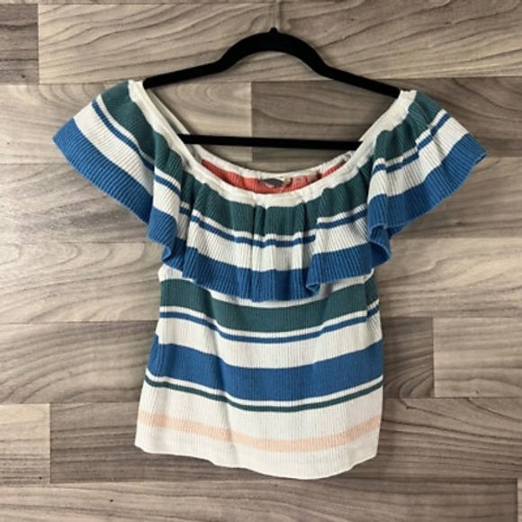 Roxy Tops - Roxy Womens Cropped Sweater Blue Striped Cap Sleeve Ruffle Ribbed Knit M